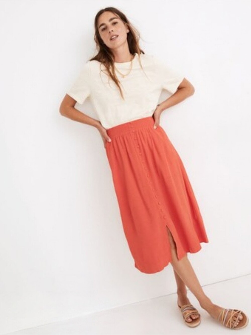 Madewell Smocked Waist Button Front Midi Skirt Size Small